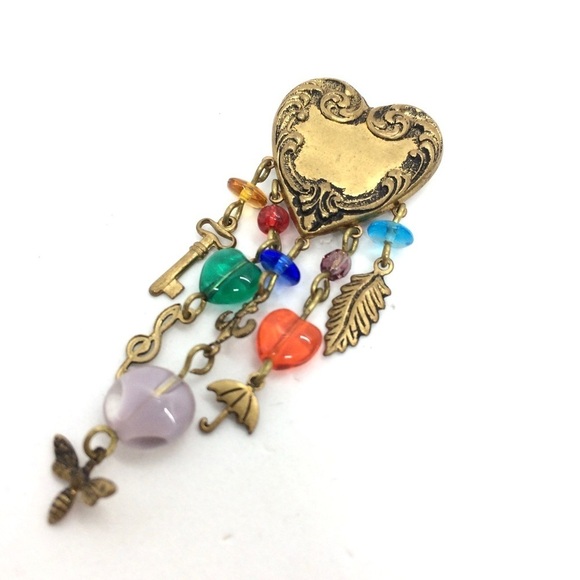 3/$30 VINTAGE HEART BROOCH PIN CHARMS KEY TREBLE CLEF BUMBLE BEE UMBRELLA LEAF - Picture 6 of 11